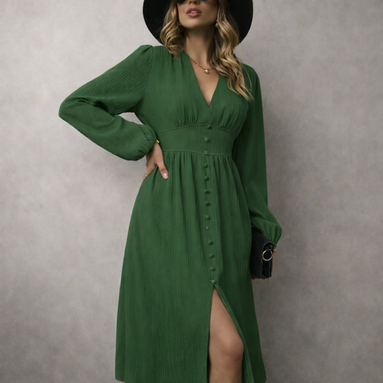 Vintage-Inspired V-Neck Midi Dress – Long Sleeves and Elegant Slit