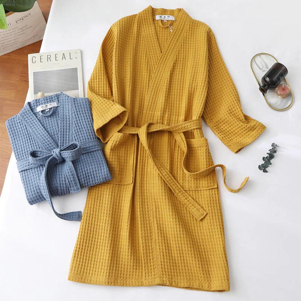 Waffle Cotton Robe – Breathable Belted Dressing Gown with Pockets