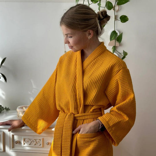 Waffle Cotton Robe – Breathable Belted Dressing Gown with Pockets