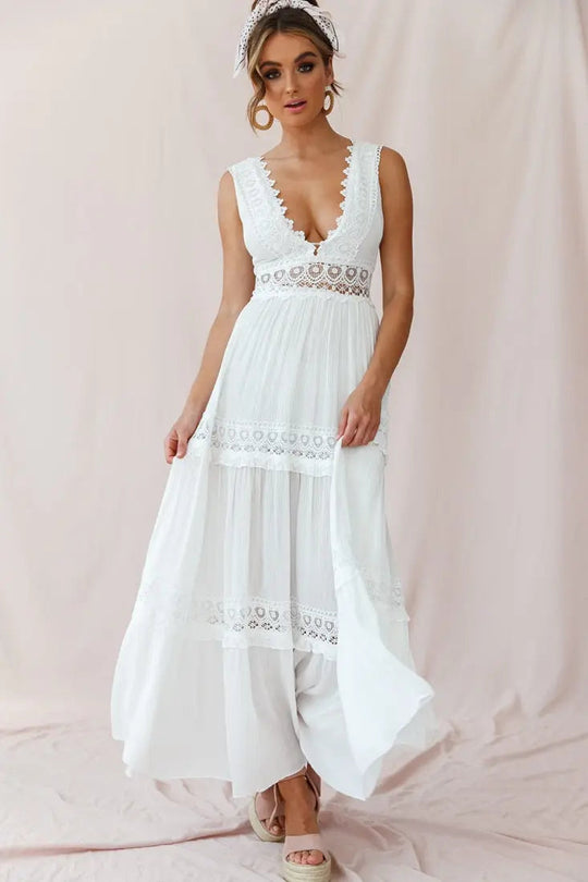 White Bohemian Maxi Dress – Flowing Formal Style with Delicate Panels