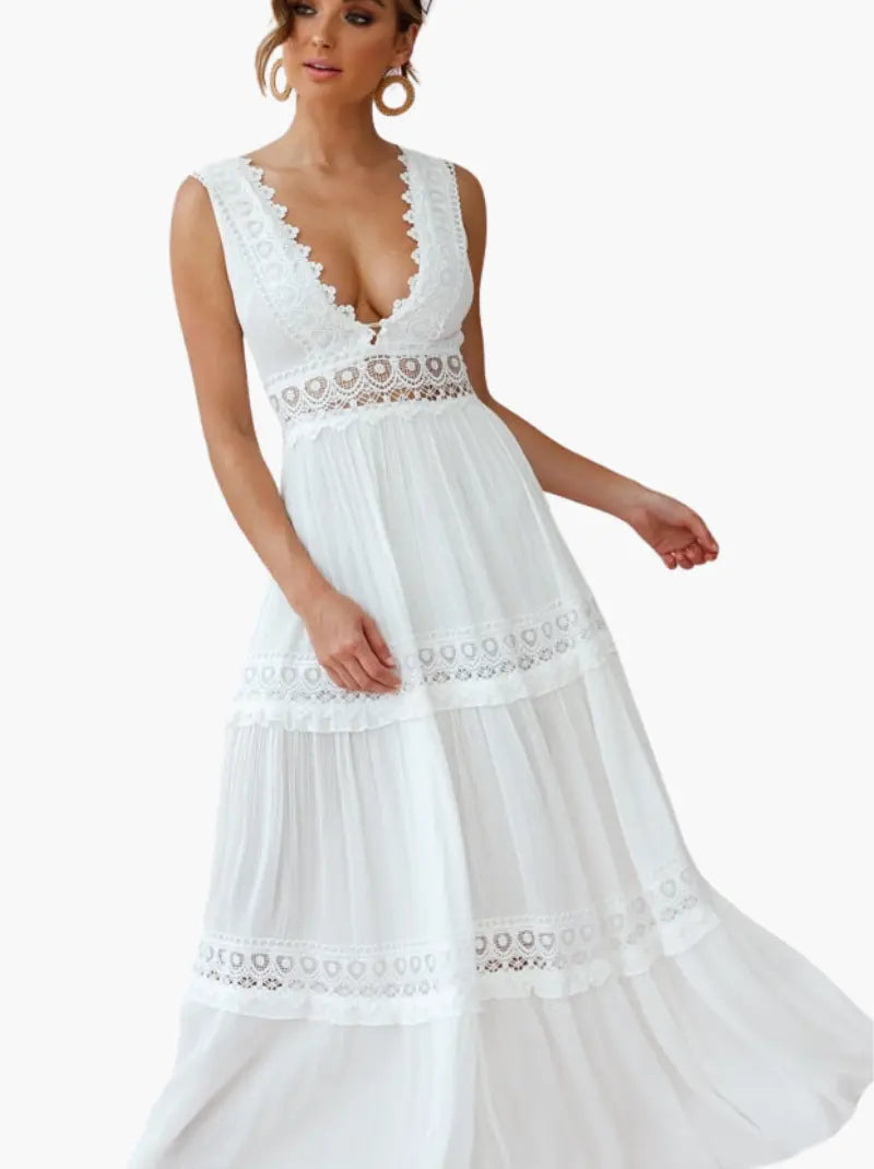 White Bohemian Maxi Dress – Flowing Formal Style with Delicate Panels