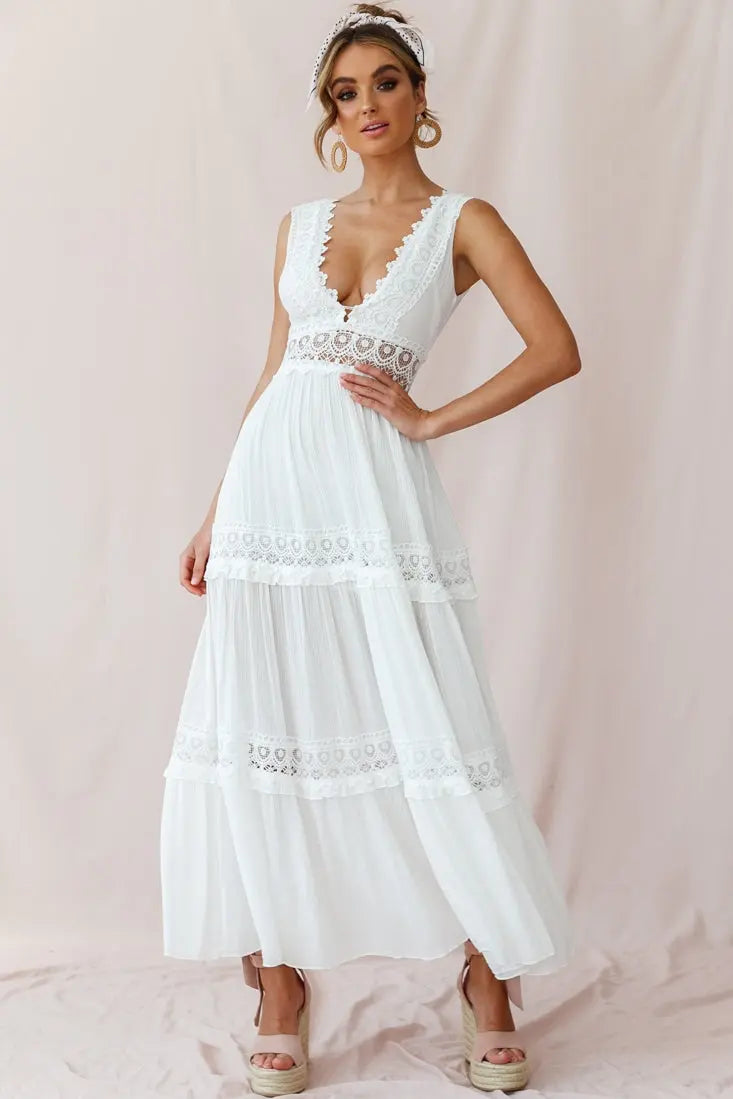 White Bohemian Maxi Dress – Flowing Formal Style with Delicate Panels