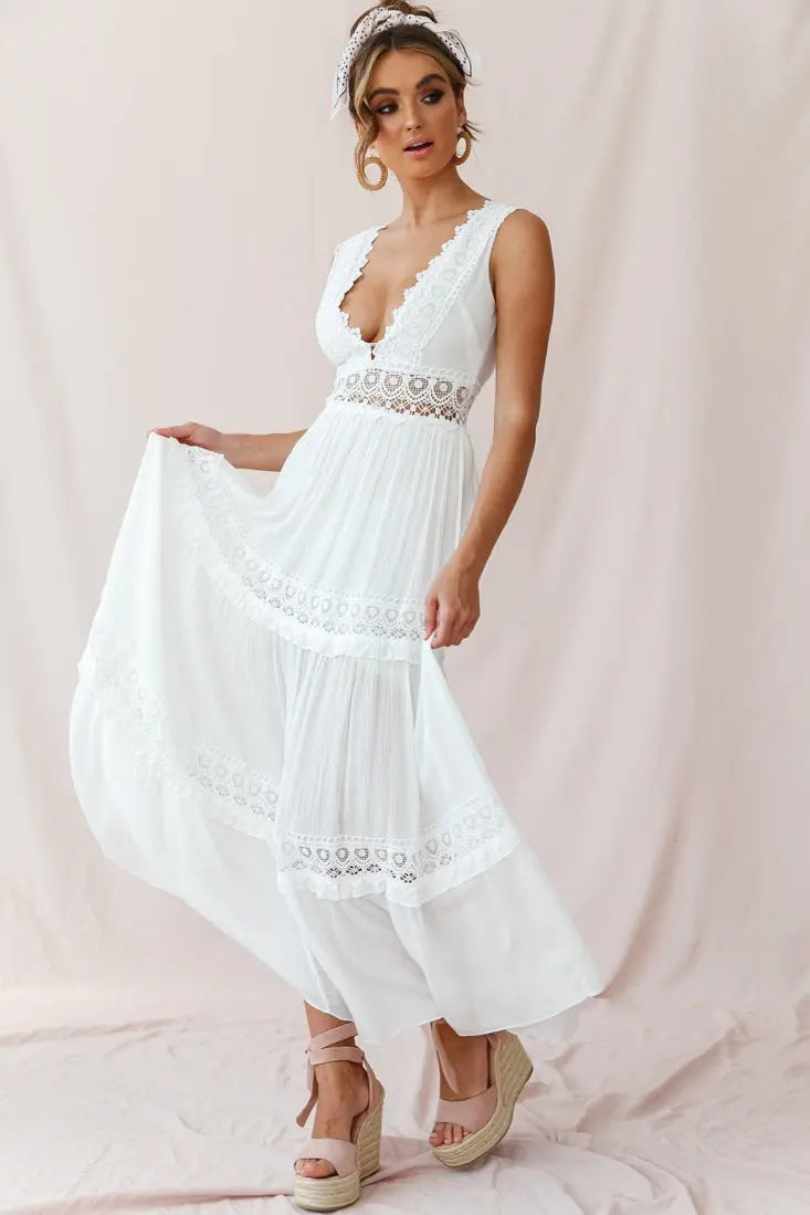 White Bohemian Maxi Dress – Flowing Formal Style with Delicate Panels