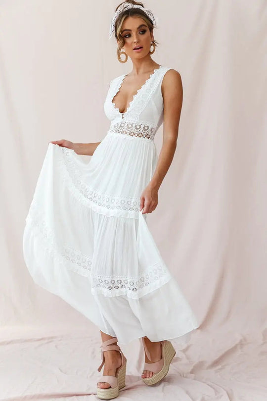 White Bohemian Maxi Dress – Flowing Formal Style with Delicate Panels