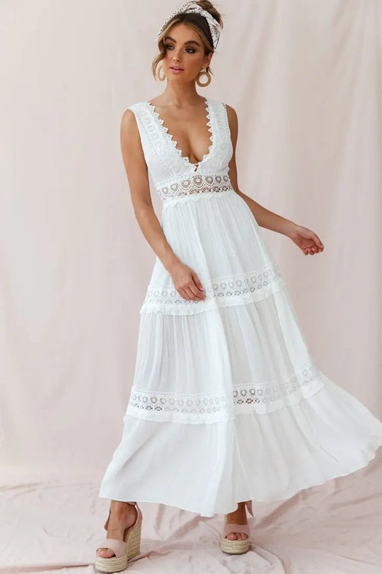 White Bohemian Maxi Dress – Flowing Formal Style with Delicate Panels