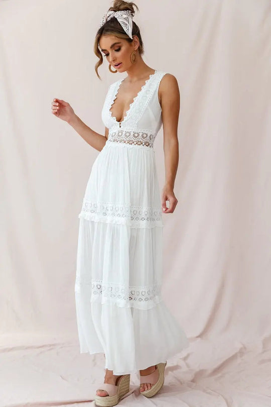 White Bohemian Maxi Dress – Flowing Formal Style with Delicate Panels