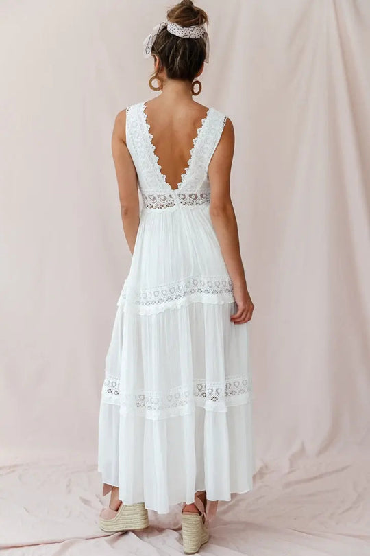 White Bohemian Maxi Dress – Flowing Formal Style with Delicate Panels
