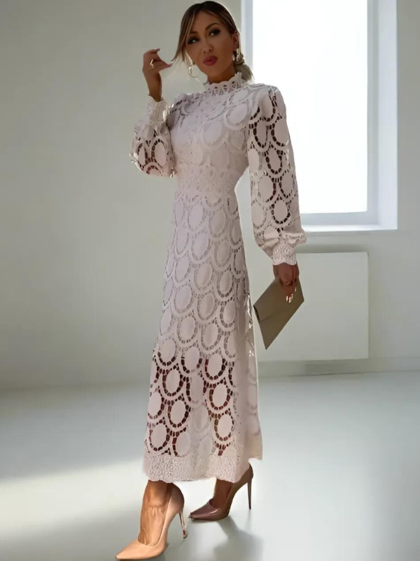 White Lace A-Line Midi Dress with Long Puff Sleeves