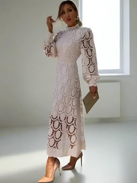 White Lace A-Line Midi Dress with Long Puff Sleeves