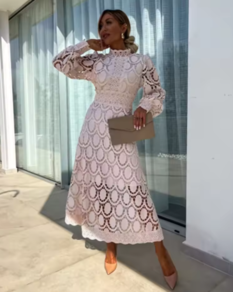 White Lace A-Line Midi Dress with Long Puff Sleeves