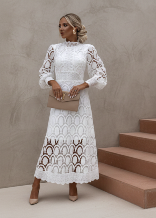 White Lace A-Line Midi Dress with Long Puff Sleeves