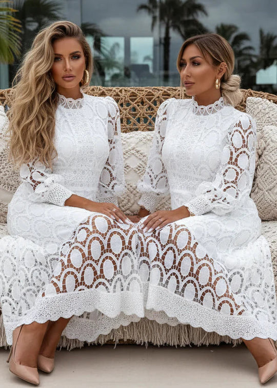 White Lace A-Line Midi Dress with Long Puff Sleeves