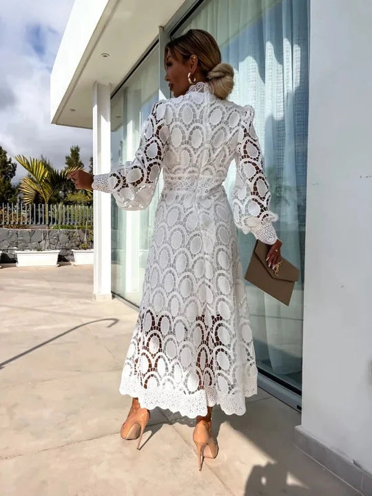 White Lace A-Line Midi Dress with Long Puff Sleeves
