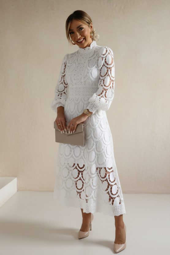 White Lace A-Line Midi Dress with Long Puff Sleeves
