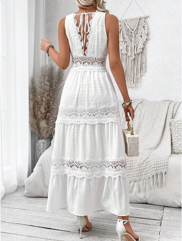 White Lace V-Neck Maxi Dress – Sleeveless Summer Occasion Style