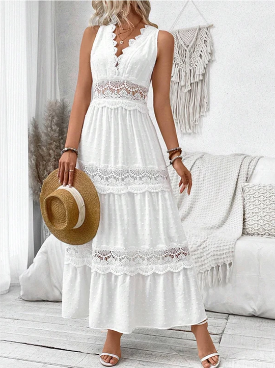 White Lace V-Neck Maxi Dress – Sleeveless Summer Occasion Style