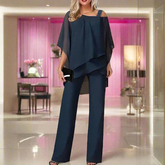 Women’s Asymmetric Chiffon Blouse and Jumpsuit Set – Elegant Two-Piece Occasion Outfit