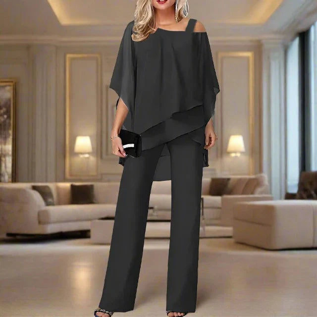Women’s Asymmetric Chiffon Blouse and Jumpsuit Set – Elegant Two-Piece Occasion Outfit