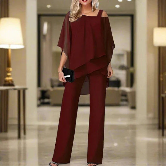 Women’s Asymmetric Chiffon Blouse and Jumpsuit Set – Elegant Two-Piece Occasion Outfit