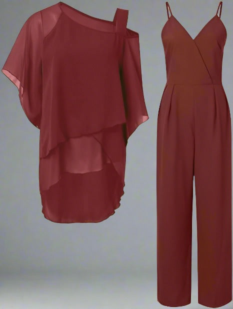 Women’s Asymmetric Chiffon Blouse and Jumpsuit Set – Elegant Two-Piece Occasion Outfit