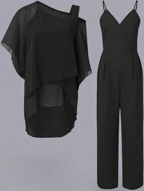 Women’s Asymmetric Chiffon Blouse and Jumpsuit Set – Elegant Two-Piece Occasion Outfit