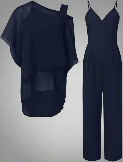 Women’s Asymmetric Chiffon Blouse and Jumpsuit Set – Elegant Two-Piece Occasion Outfit
