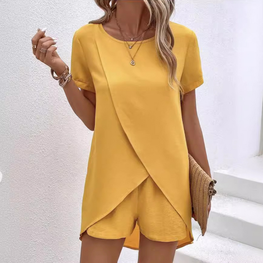 Women’s Asymmetric-Hem Top and Shorts Set – Lightweight Summer Co-Ord