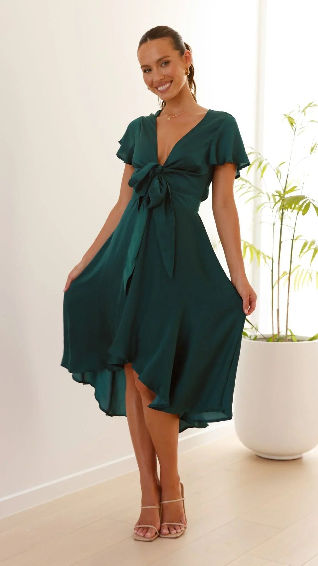 Women’s Asymmetrical Satin Midi Dress with Butterfly Sleeves