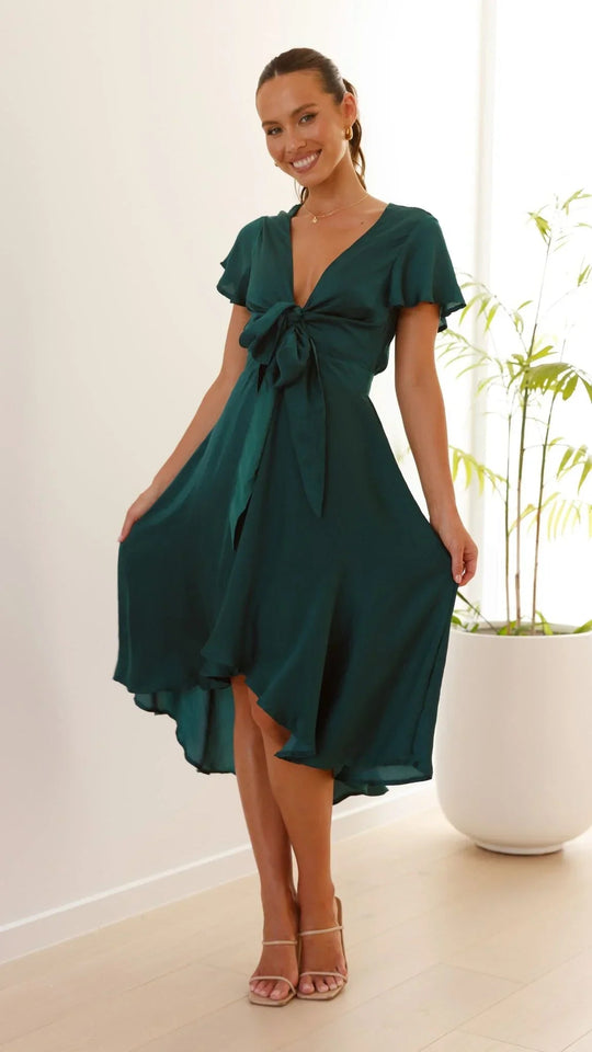 Women’s Asymmetrical Satin Midi Dress with Butterfly Sleeves
