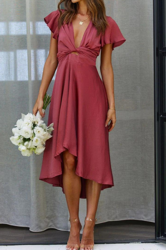 Women’s Asymmetrical Satin Midi Dress with Butterfly Sleeves