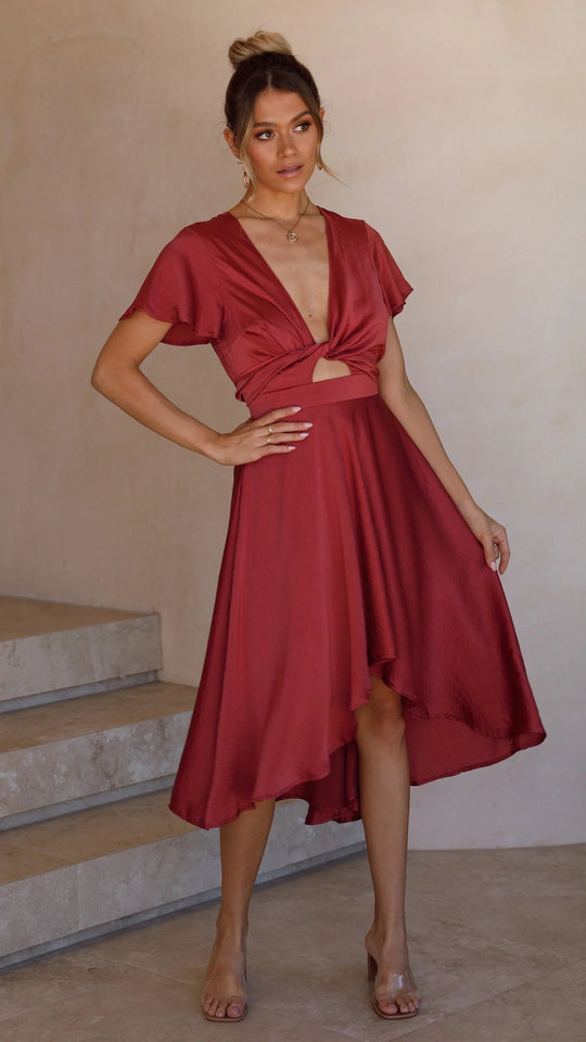 Women’s Asymmetrical Satin Midi Dress with Butterfly Sleeves