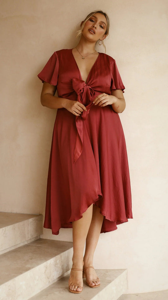 Women’s Asymmetrical Satin Midi Dress with Butterfly Sleeves