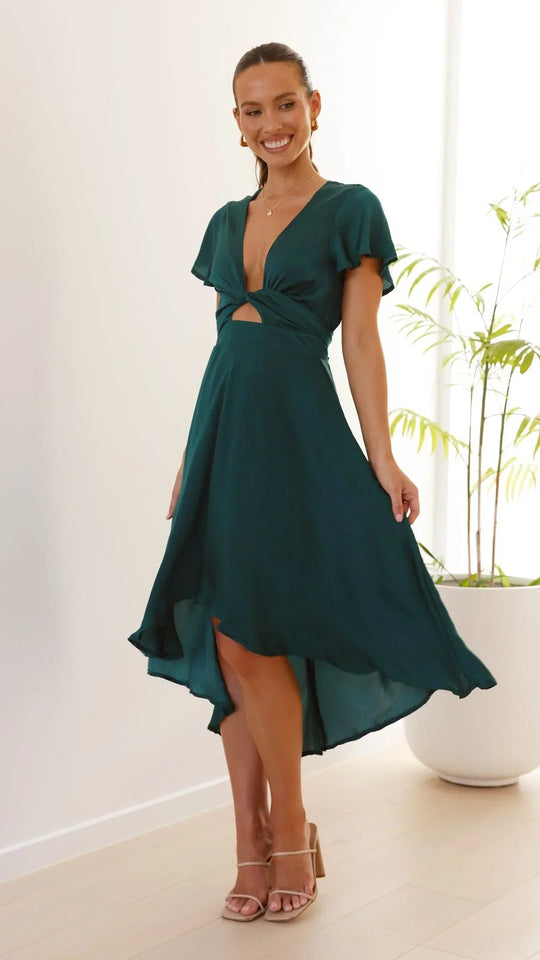 Women’s Asymmetrical Satin Midi Dress with Butterfly Sleeves