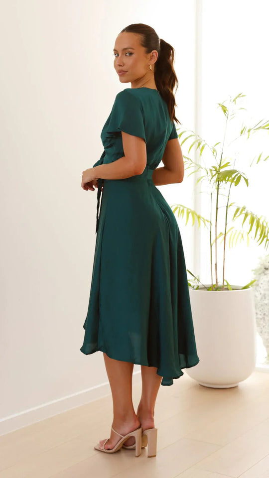Women’s Asymmetrical Satin Midi Dress with Butterfly Sleeves