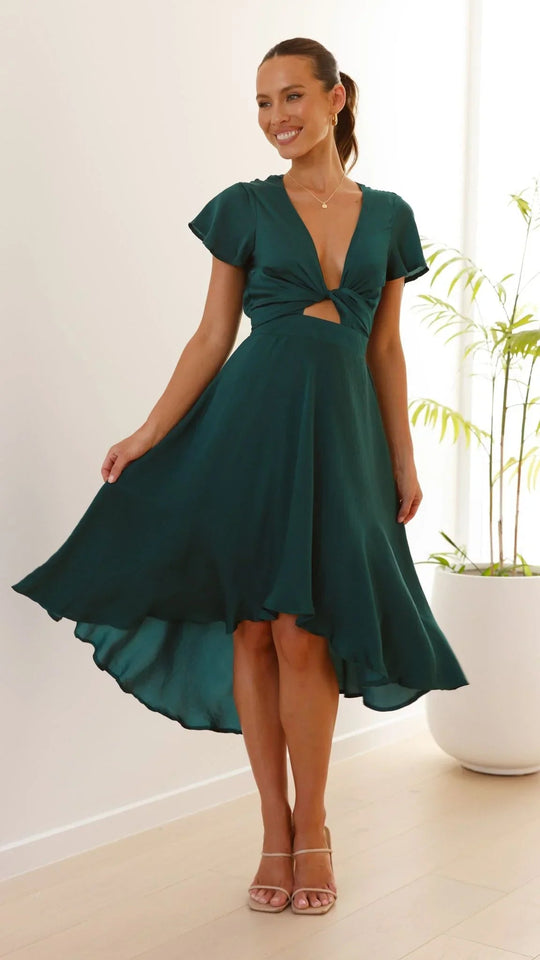 Women’s Asymmetrical Satin Midi Dress with Butterfly Sleeves