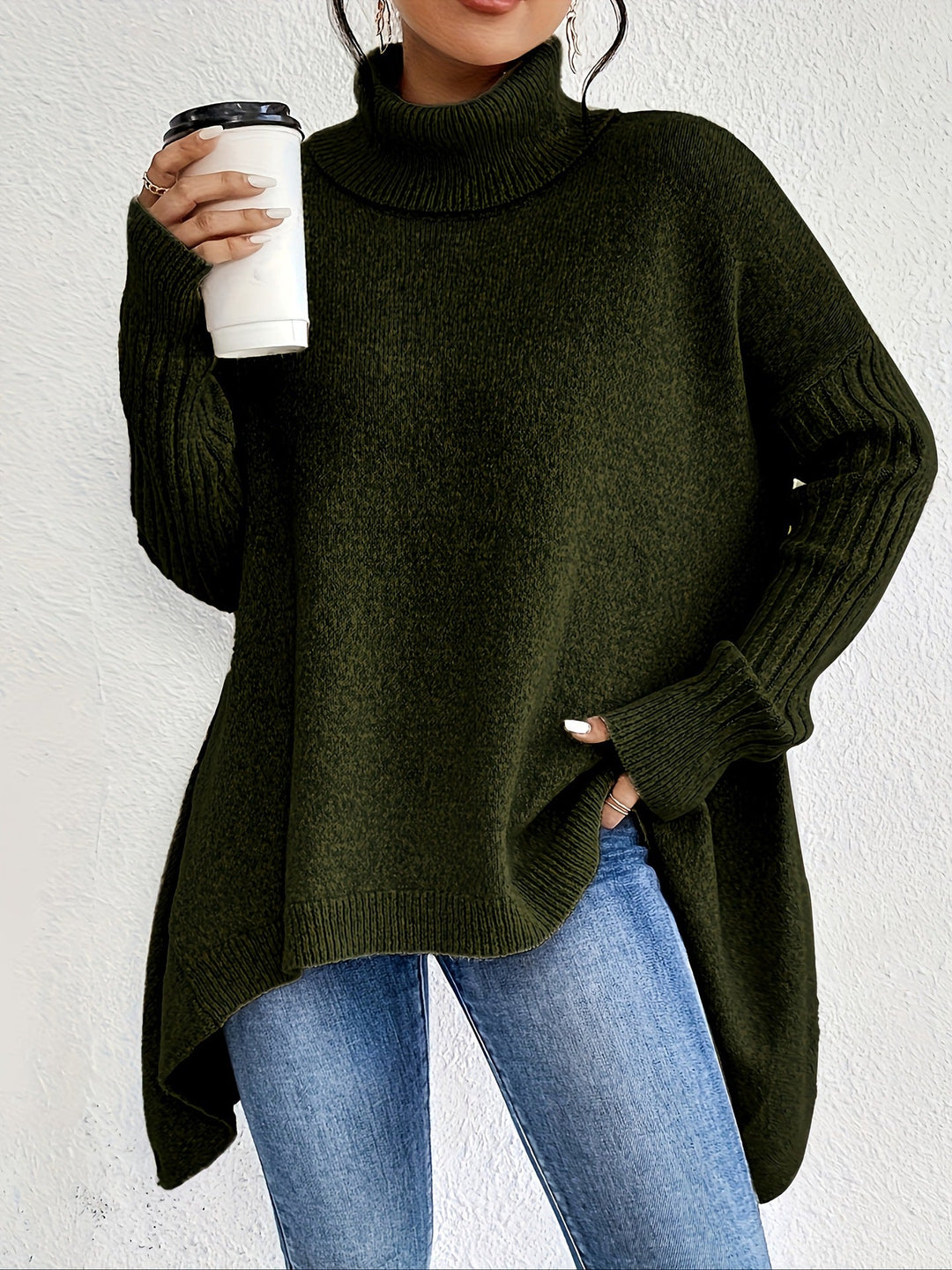 Women’s Asymmetrical Turtleneck Sweater – Loose Long-Sleeve Knit
