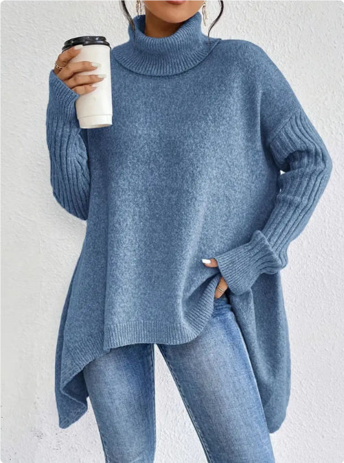 Women’s Asymmetrical Turtleneck Sweater – Loose Long-Sleeve Knit