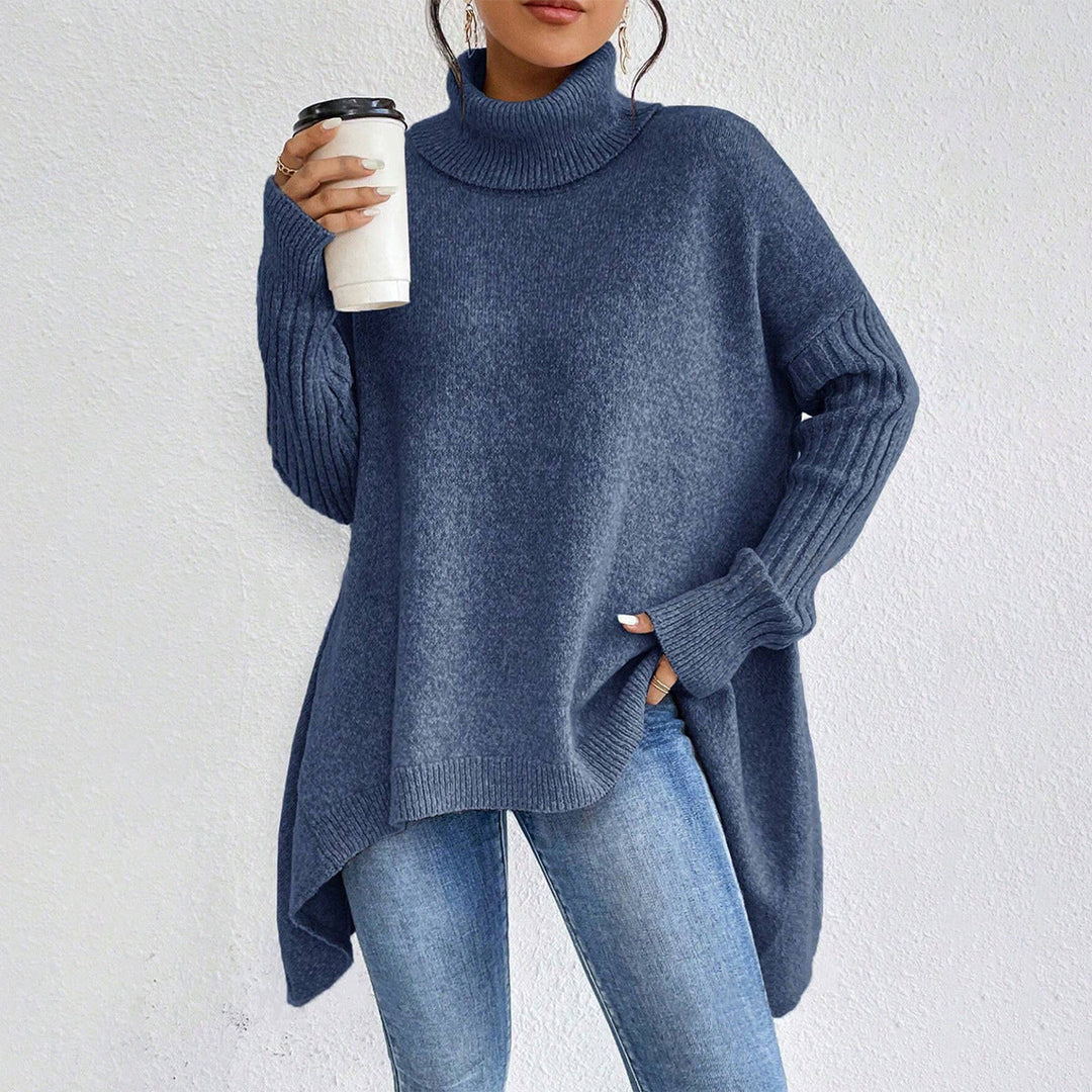 Women’s Asymmetrical Turtleneck Sweater – Loose Long-Sleeve Knit