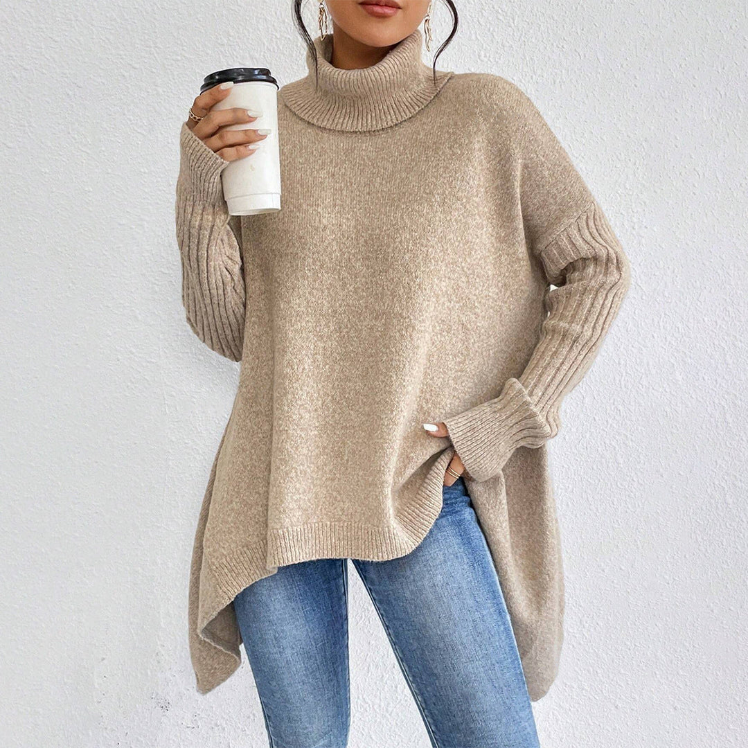 Women’s Asymmetrical Turtleneck Sweater – Loose Long-Sleeve Knit