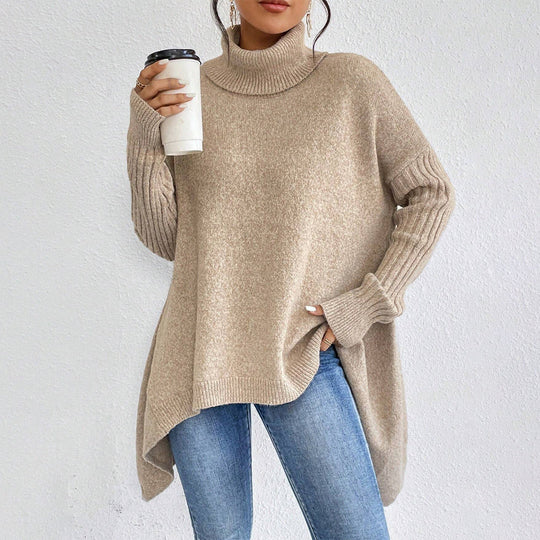 Women’s Asymmetrical Turtleneck Sweater – Loose Long-Sleeve Knit