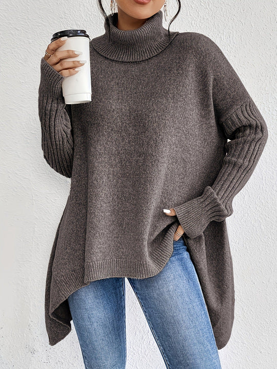 Women’s Asymmetrical Turtleneck Sweater – Loose Long-Sleeve Knit