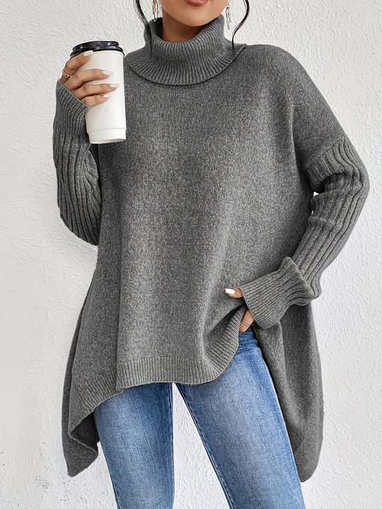 Women’s Asymmetrical Turtleneck Sweater – Loose Long-Sleeve Knit