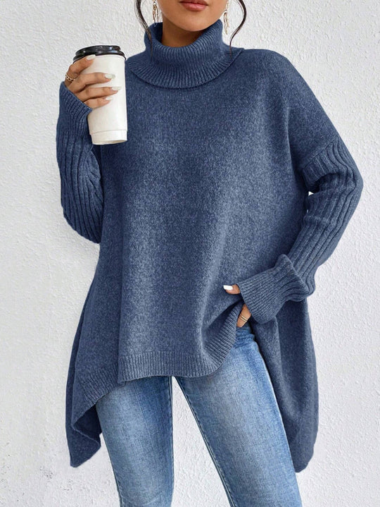 Women’s Asymmetrical Turtleneck Sweater – Loose Long-Sleeve Knit