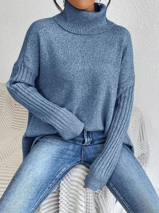 Women’s Asymmetrical Turtleneck Sweater – Loose Long-Sleeve Knit
