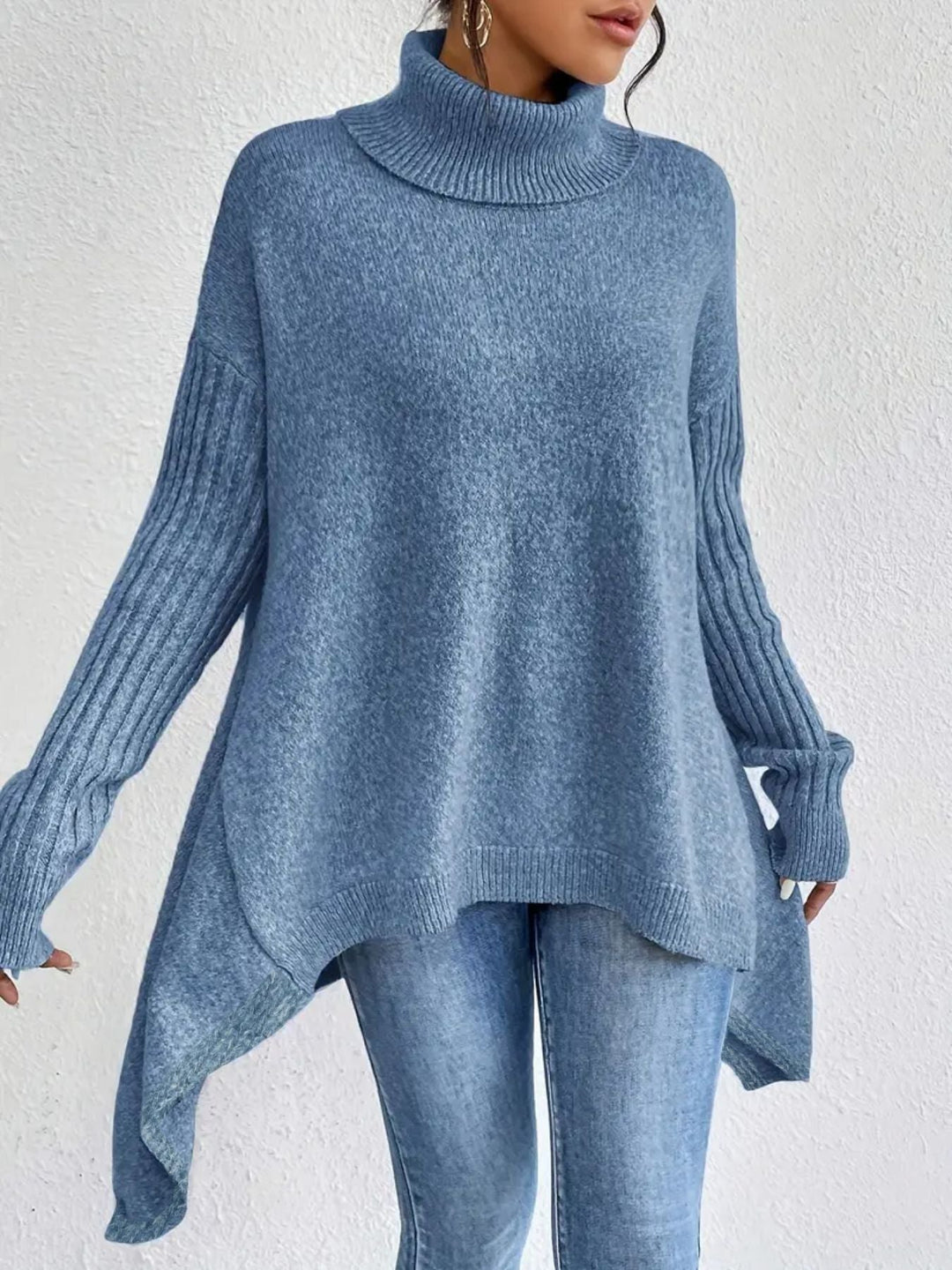 Women’s Asymmetrical Turtleneck Sweater – Loose Long-Sleeve Knit