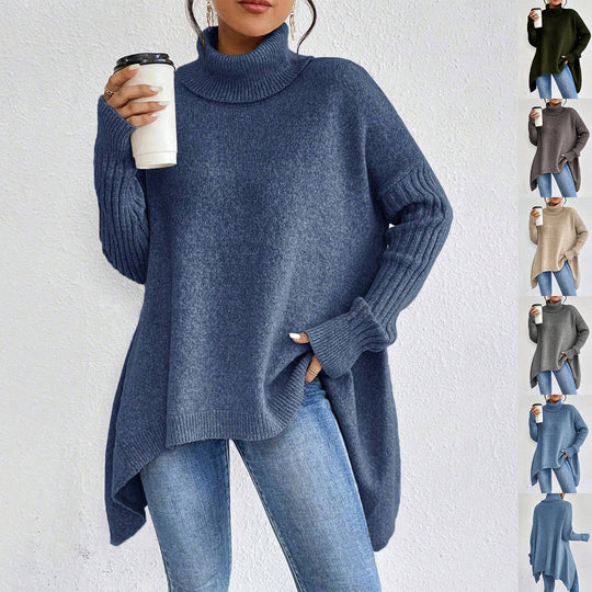 Women’s Asymmetrical Turtleneck Sweater – Loose Long-Sleeve Knit
