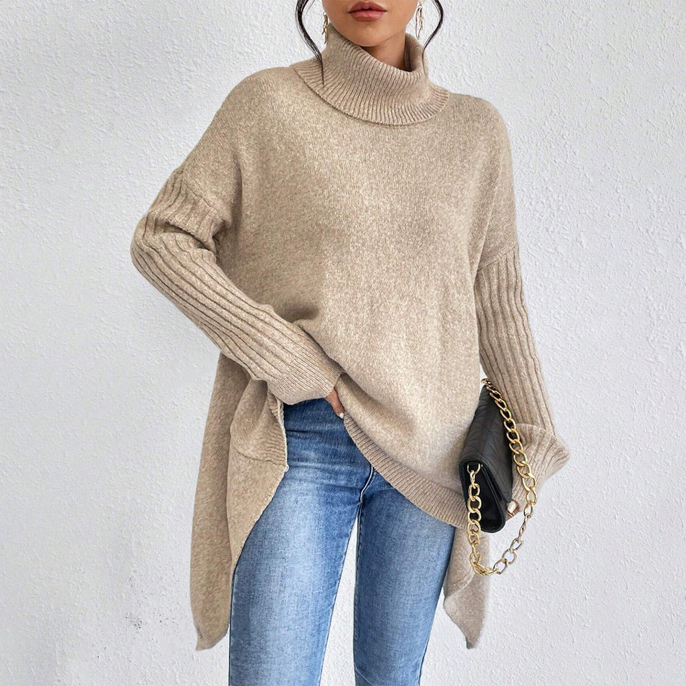 Women’s Asymmetrical Turtleneck Sweater – Loose Long-Sleeve Knit