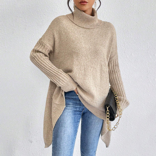 Women’s Asymmetrical Turtleneck Sweater – Loose Long-Sleeve Knit