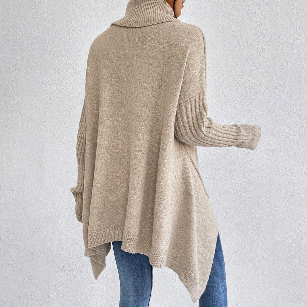 Women’s Asymmetrical Turtleneck Sweater – Loose Long-Sleeve Knit