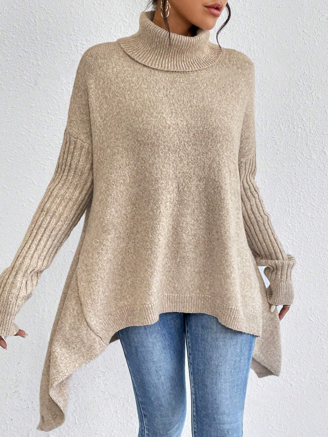 Women’s Asymmetrical Turtleneck Sweater – Loose Long-Sleeve Knit